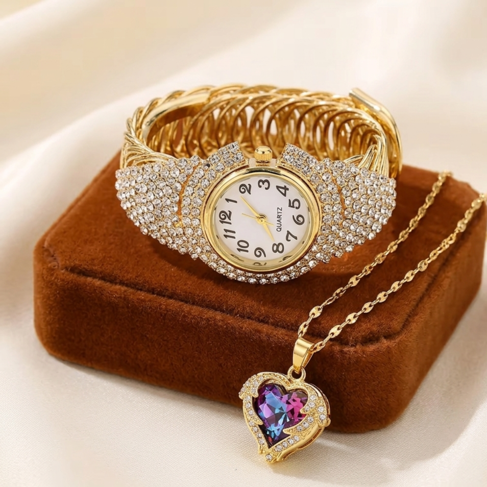 Versatile Casual Style Full Diamond Watch and heart locket combo (C14382)